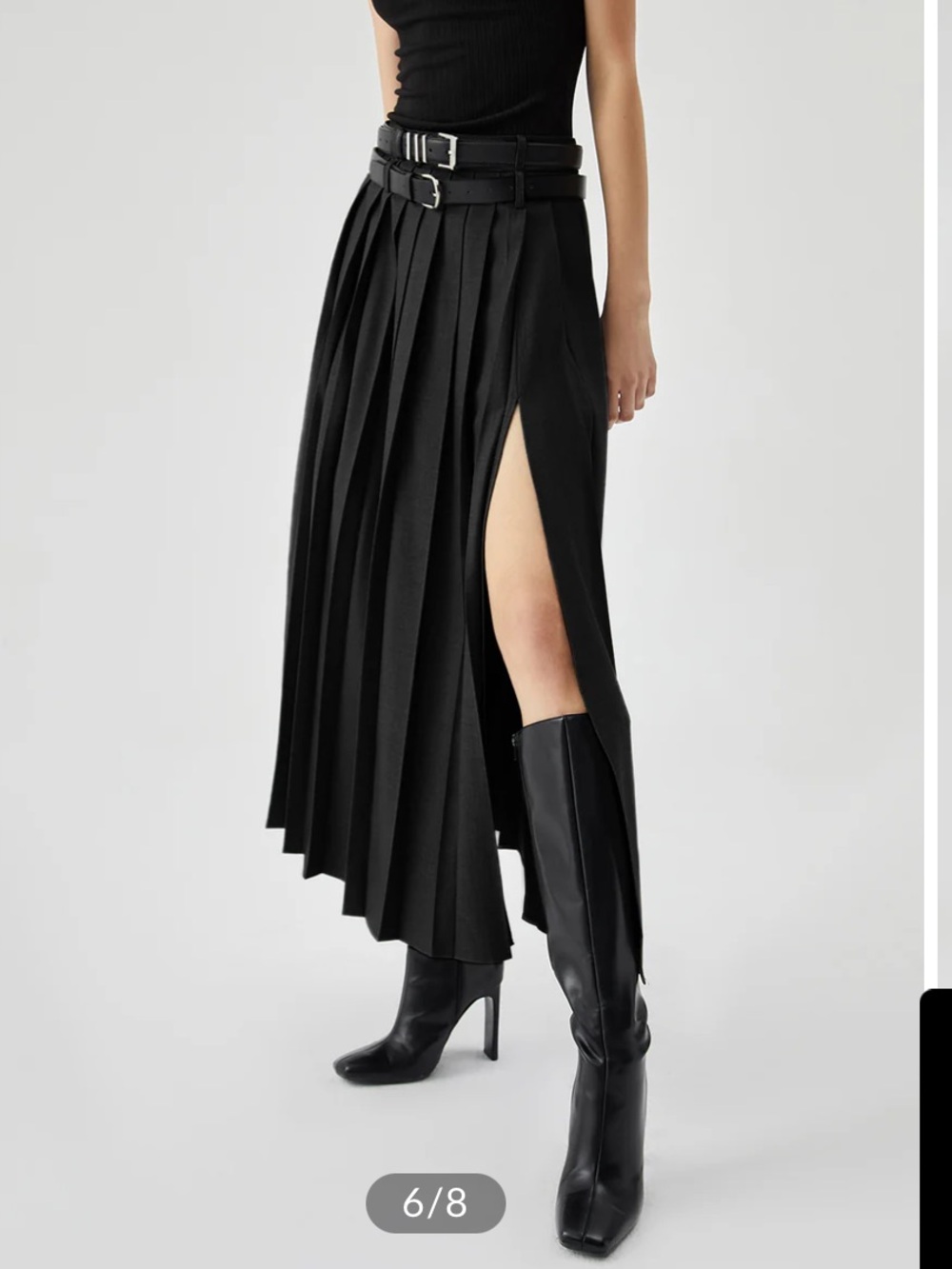 Commense Black Pleated Maxi Skirt with High Thigh Split